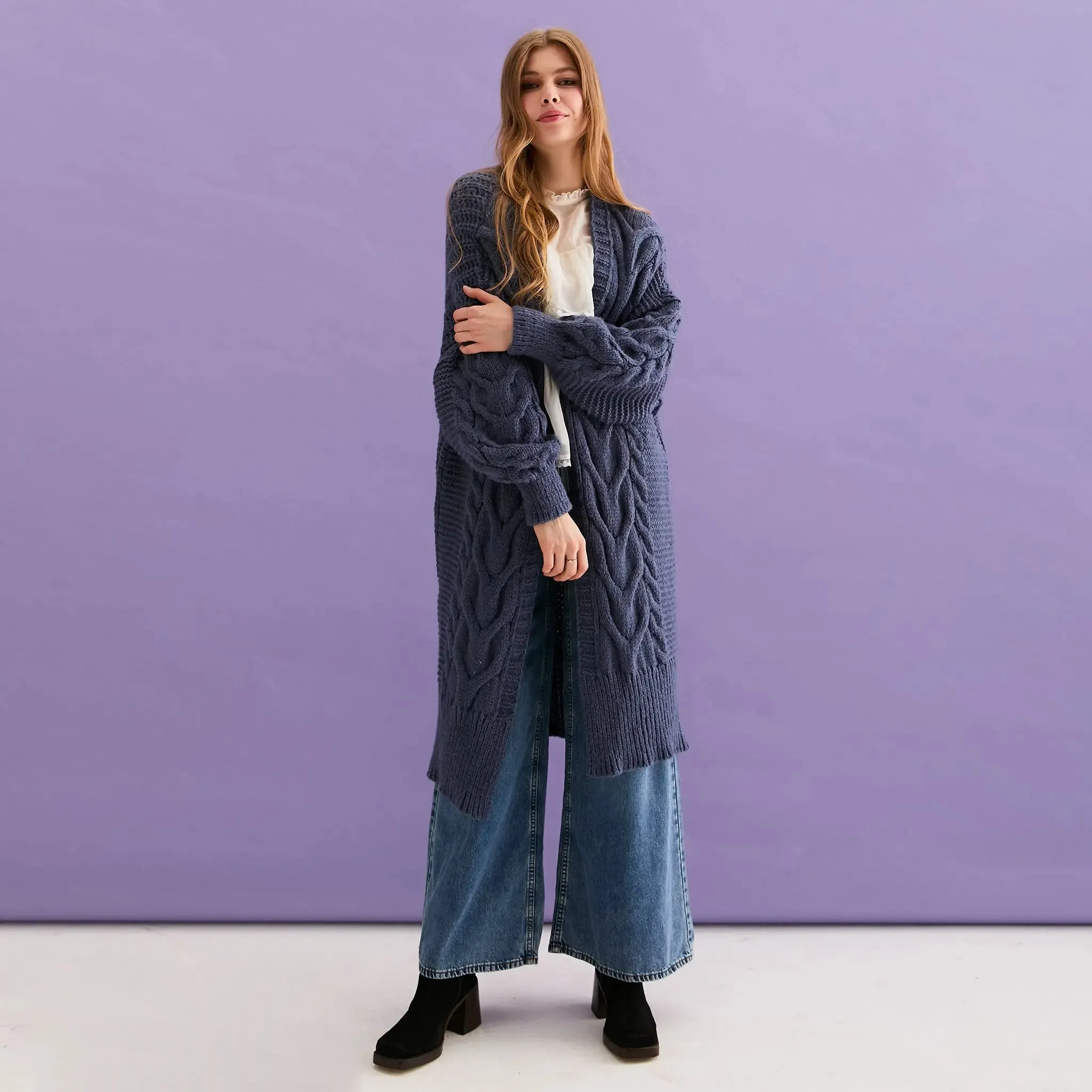 Alex Cable Balloon Sleeve Maxi Cardigan - Denim