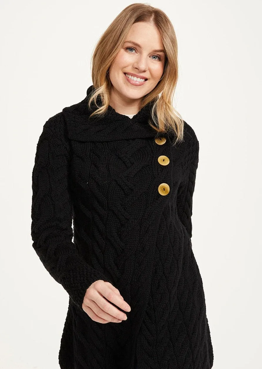 Aran 3 Buttoned Longline Cardigan | Black