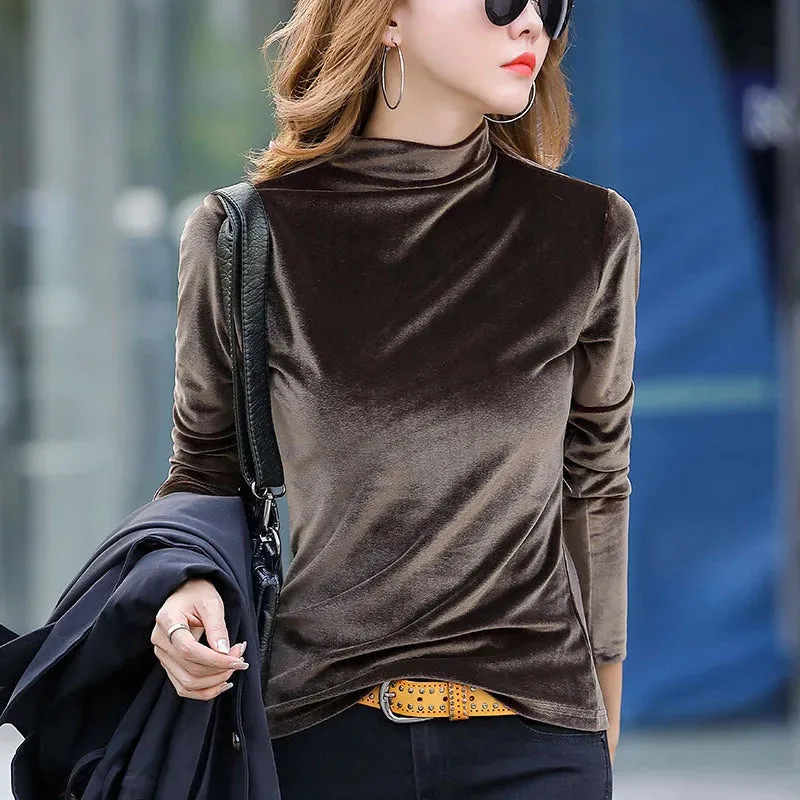 Ashore Shop Velvet T Shirt Women Half High Collar Basic T Shirt Femme Slim Long Sleeve T-shirts S-4XL