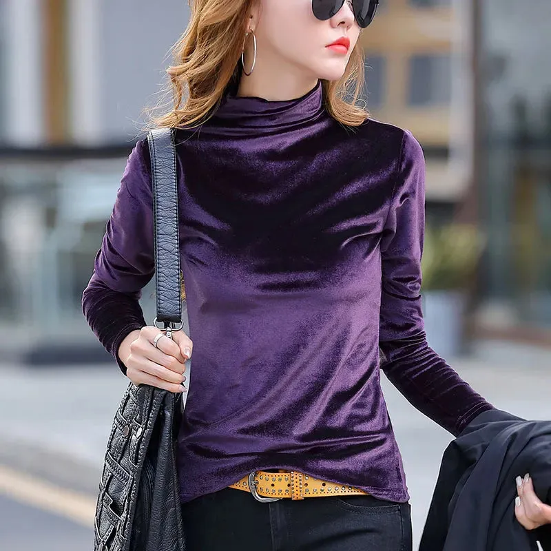 Ashore Shop Velvet T Shirt Women Half High Collar Basic T Shirt Femme Slim Long Sleeve T-shirts S-4XL