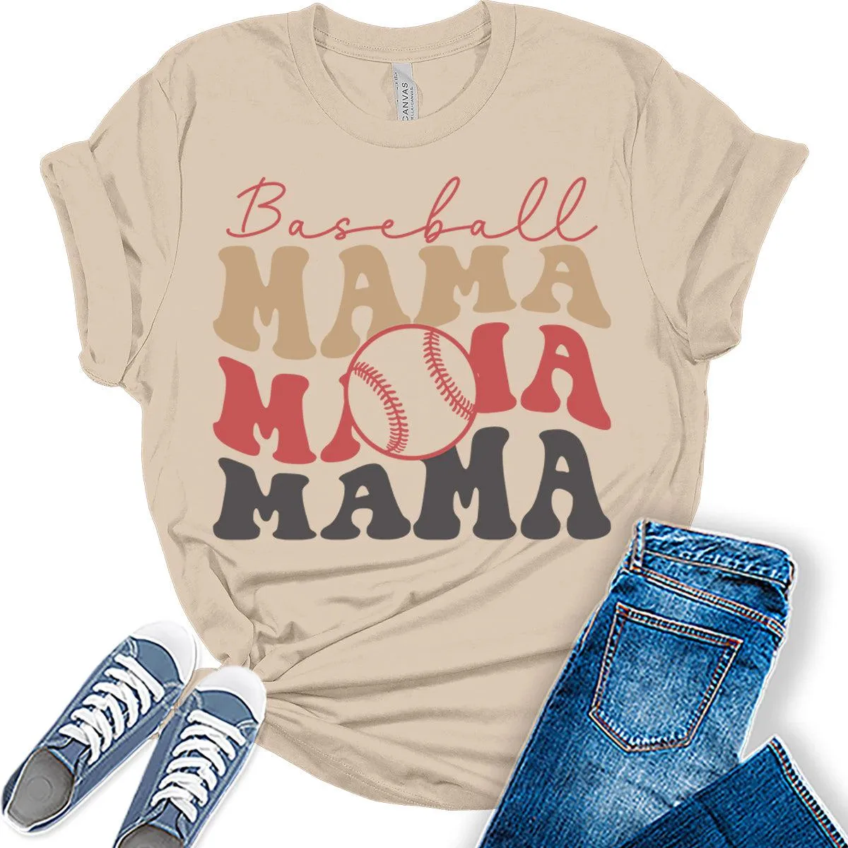 Baseball Mama Shirt Letter Print Graphic Tees Retro Mom T Shirts Plus Size Tops for Women