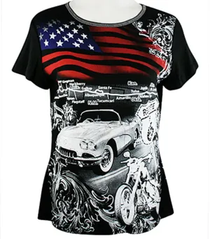 Big Bang Clothing Company - Route 66 Flag, Cap Sleeve, Rhinestone Print Top