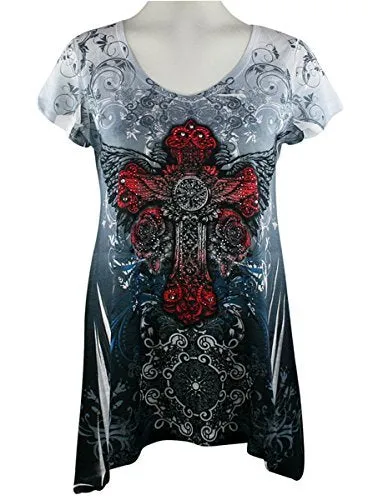 Big Bang Clothing - Red Cross, Cap Sleeve, V-Neck Rhinestone Print Lightweight Top