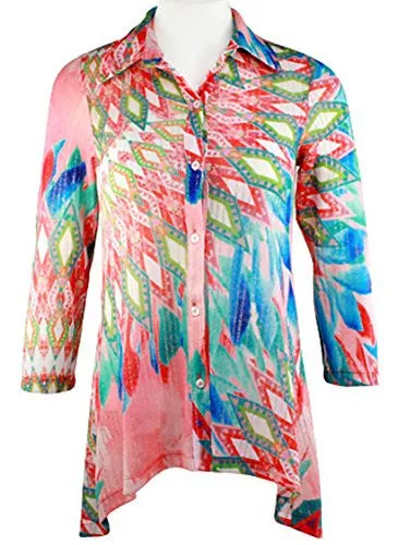 Boho Chic - Diamond Patterns, Long Sleeve Hi-Lo Hem Lightweight Knit Tunic Top