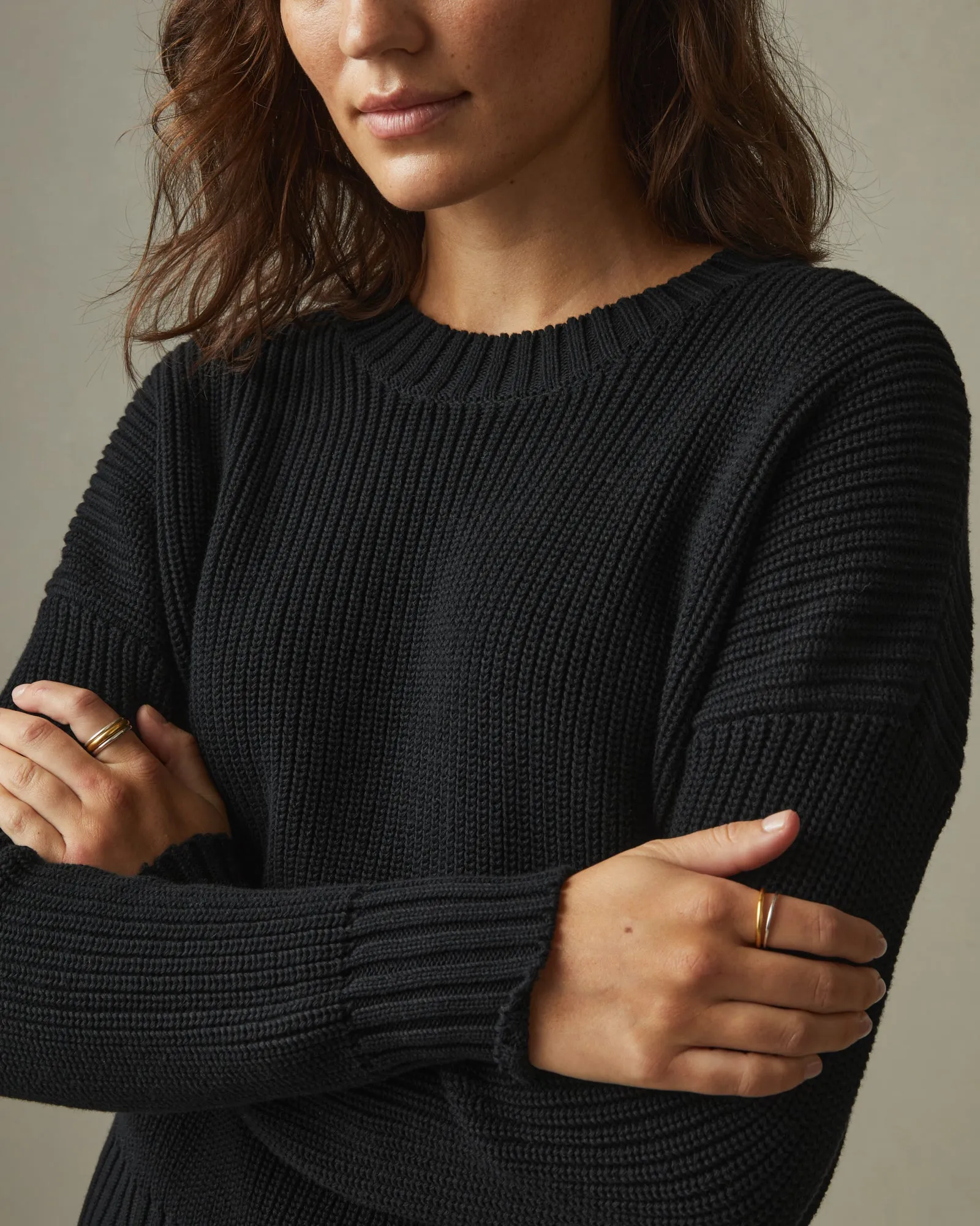 Chunky Cotton Crew Sweater - Black