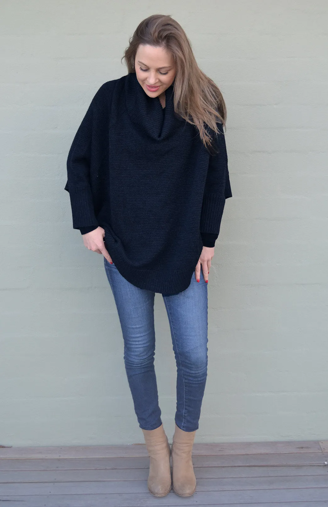 Classic Knitted Cowl Neck Poncho with Sleeves