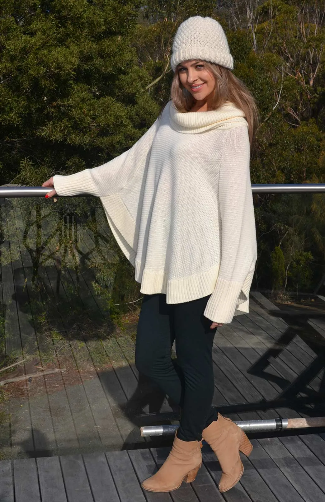 Classic Knitted Cowl Neck Poncho with Sleeves