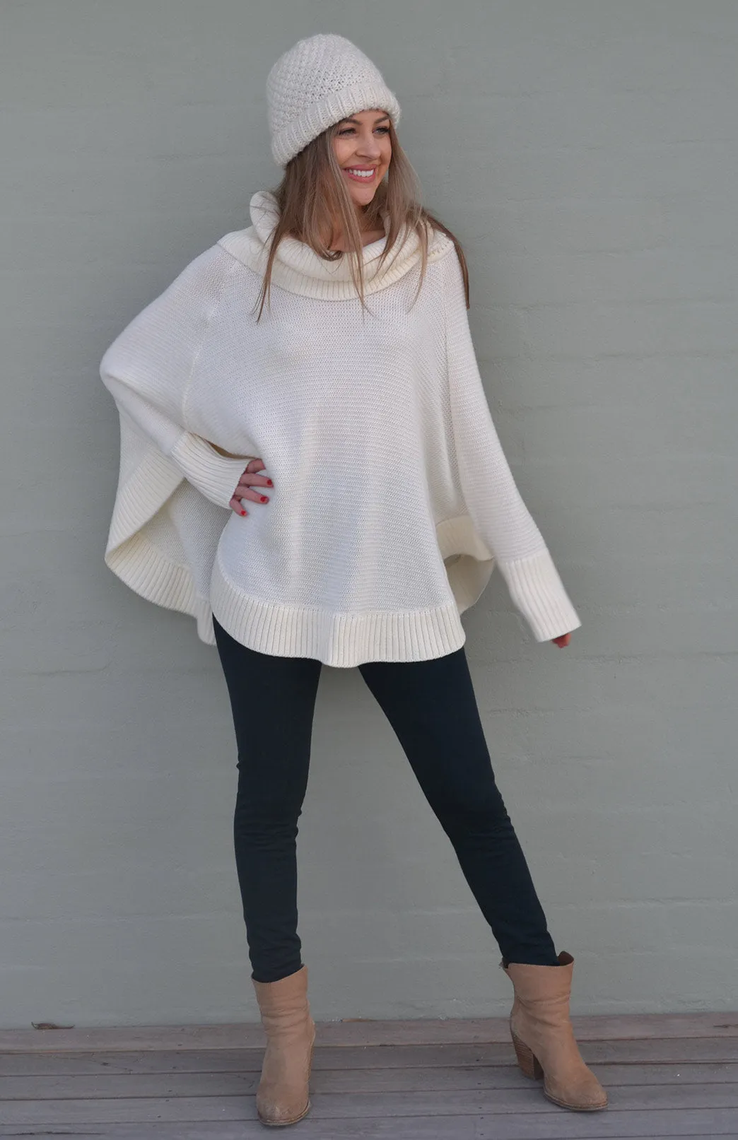 Classic Knitted Cowl Neck Poncho with Sleeves