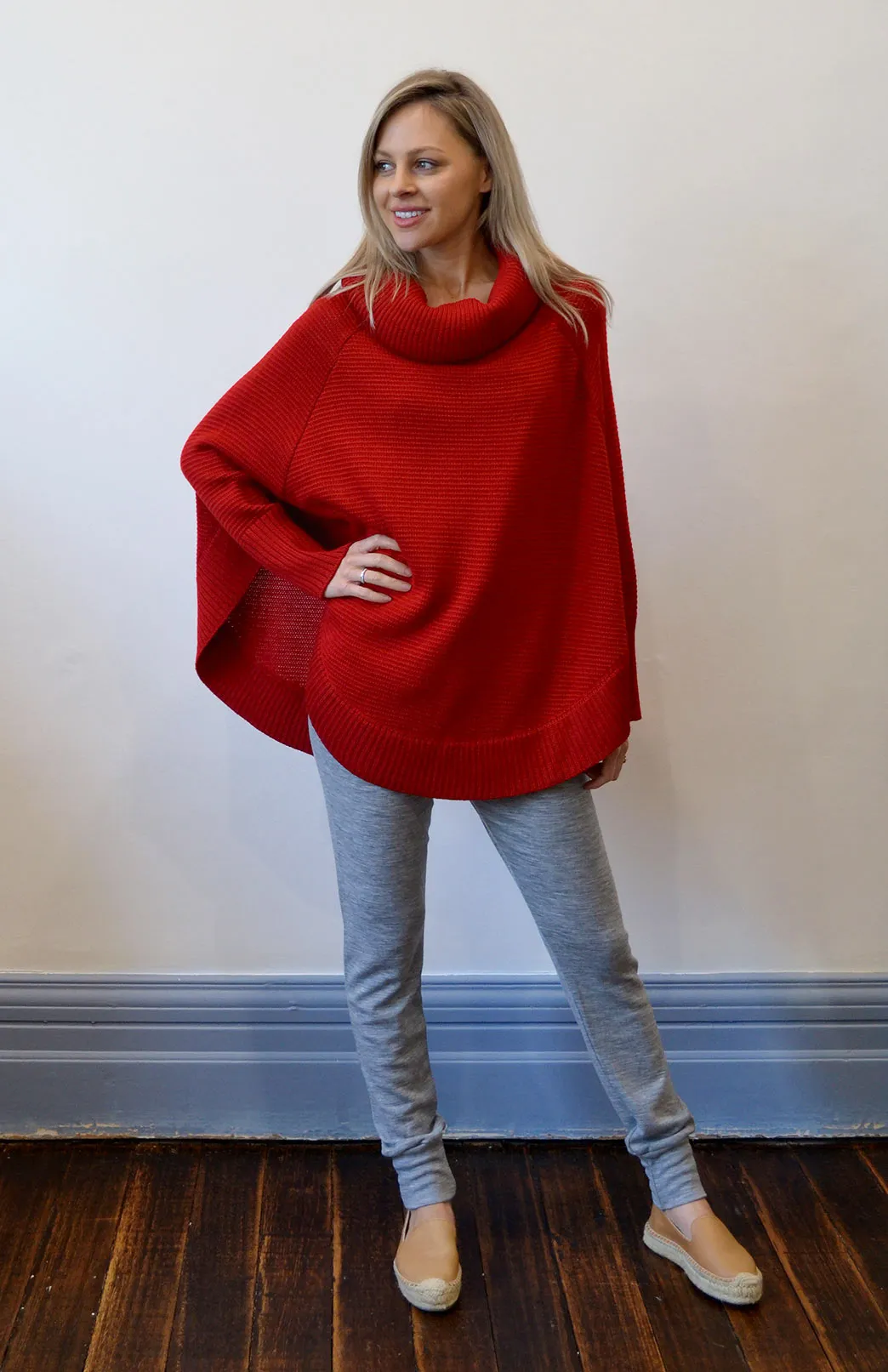 Classic Knitted Cowl Neck Poncho with Sleeves