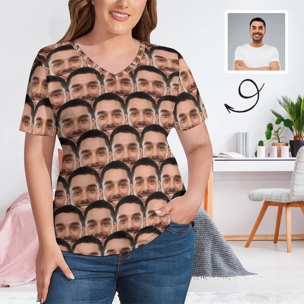 Custom Face Seamless Boyfriend Plus Size V Neck T-shirt for Her Design Your Own Shirt Gift