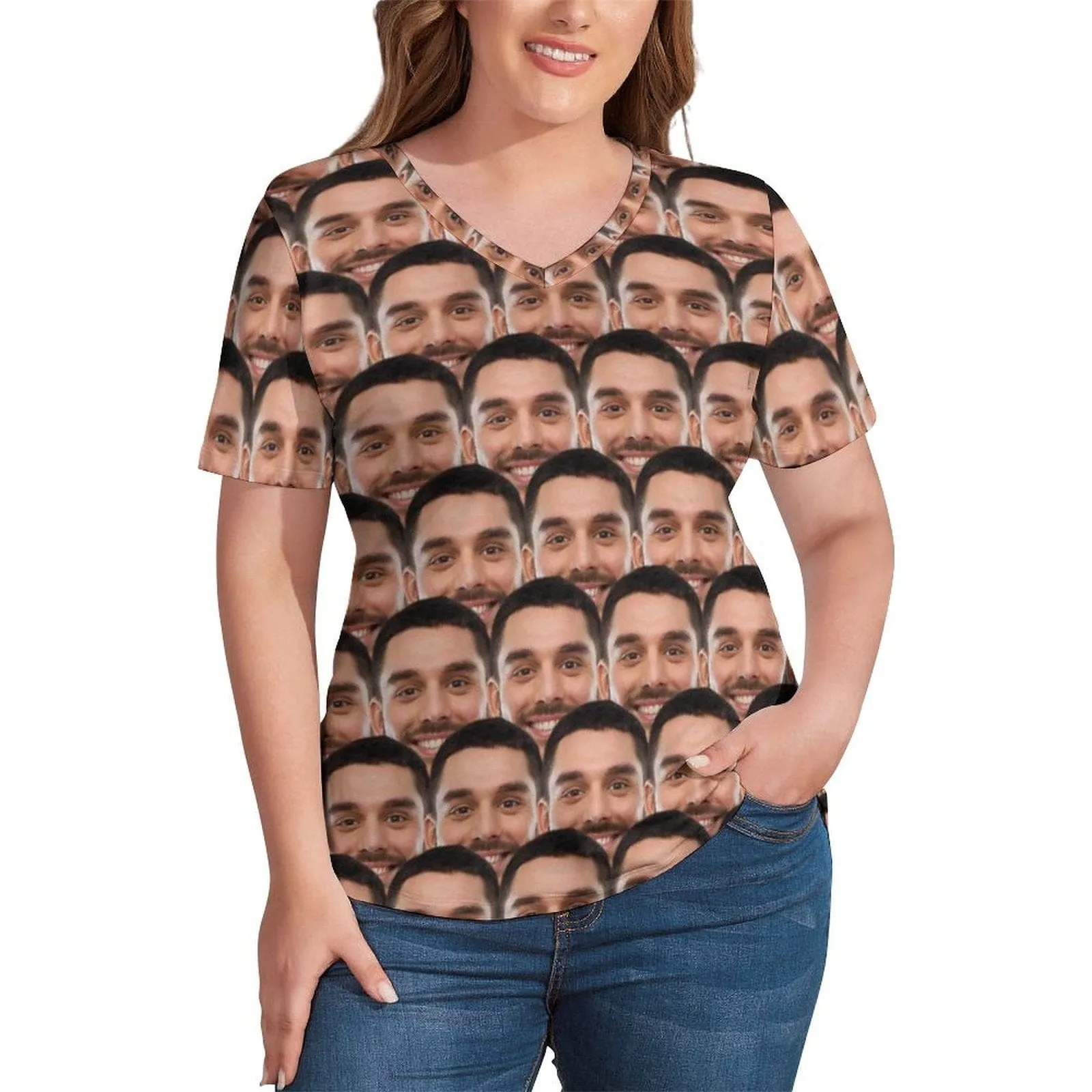 Custom Face Seamless Boyfriend Plus Size V Neck T-shirt for Her Design Your Own Shirt Gift