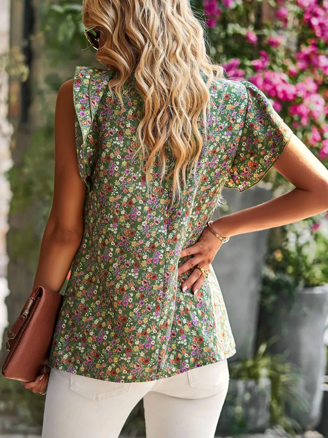 Ditsy Floral Flutter Sleeve Keyhole Top