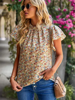 Ditsy Floral Flutter Sleeve Keyhole Top