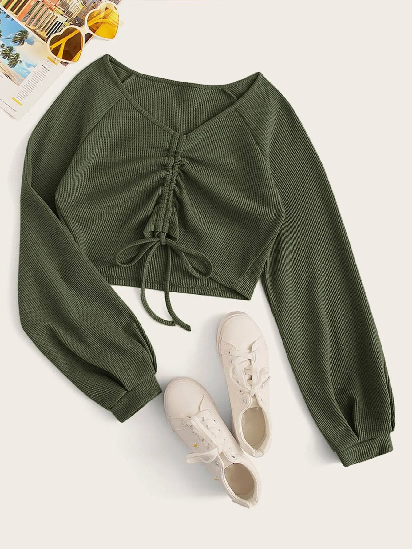 Drawstring Front Raglan Sleeve Crop Tee