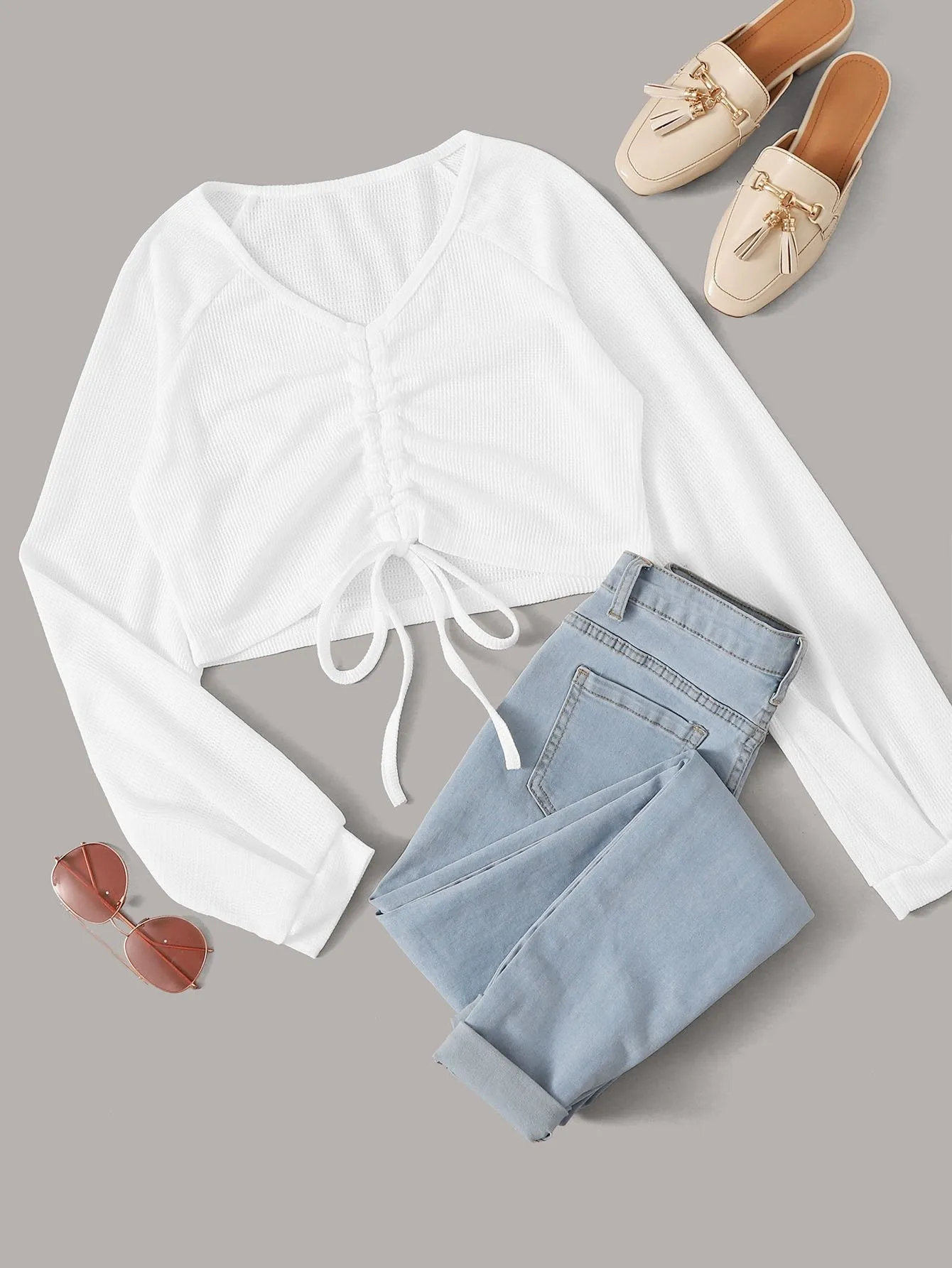 Drawstring Front Raglan Sleeve Crop Tee