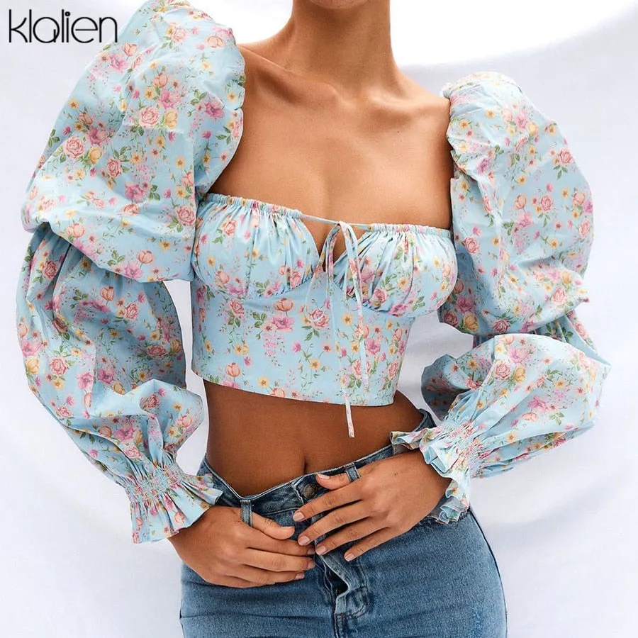 Elegant French Romantic Floral Puff Sleeve Square Collar Women Blouses New White Chiffon Shirt