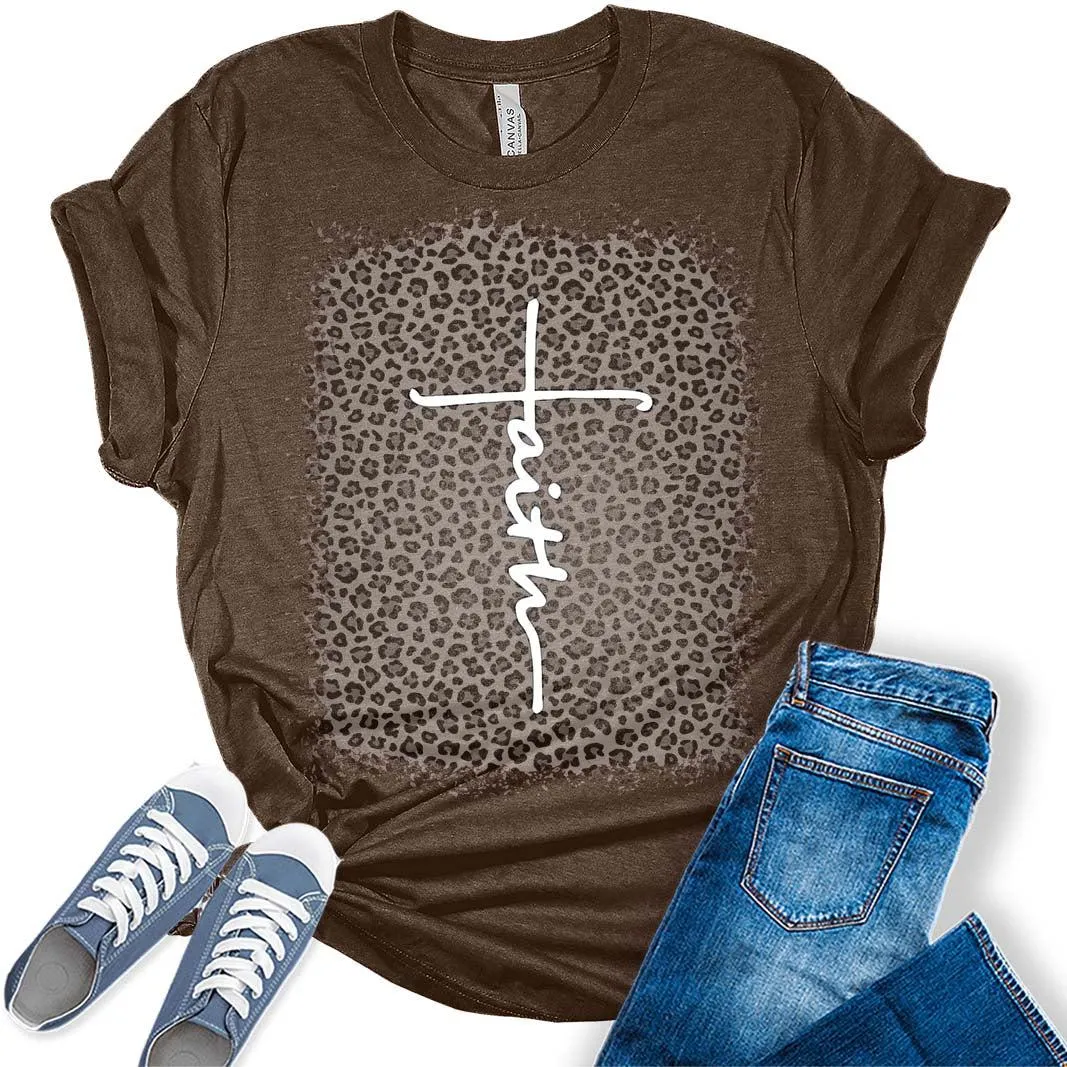 Faith Cross Women's Graphic Leopard Bleach Print T-Shirt