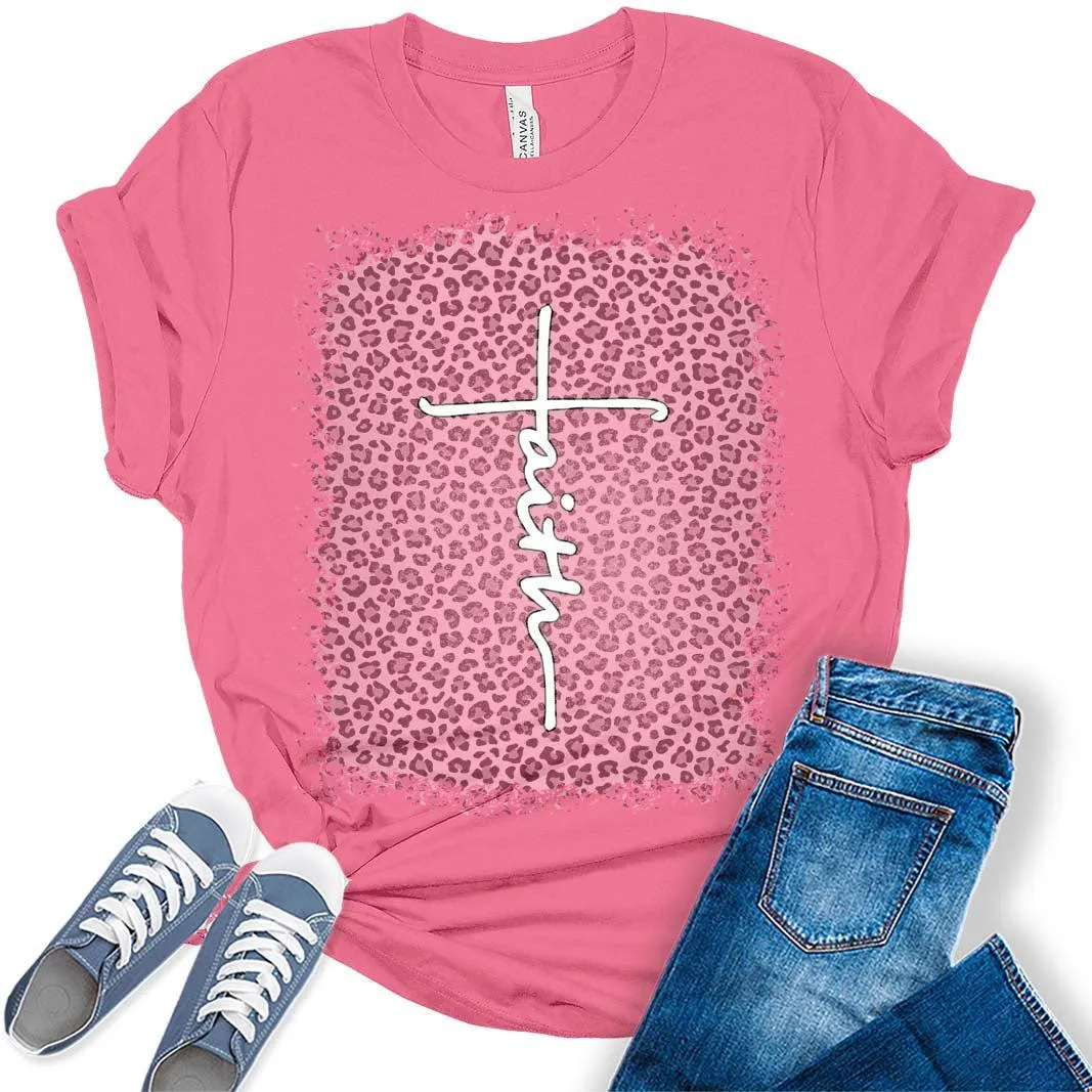 Faith Cross Women's Graphic Leopard Bleach Print T-Shirt