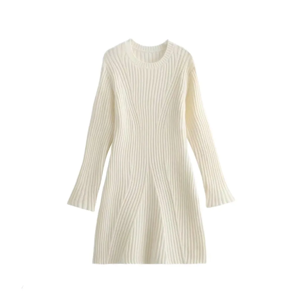 Fashion Slim Solid Ribbed Round Neck Knitted Dress