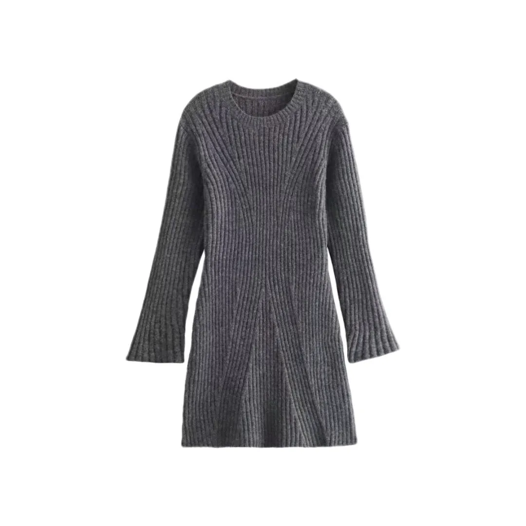 Fashion Slim Solid Ribbed Round Neck Knitted Dress