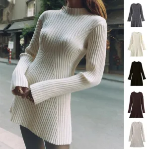 Fashion Slim Solid Ribbed Round Neck Knitted Dress