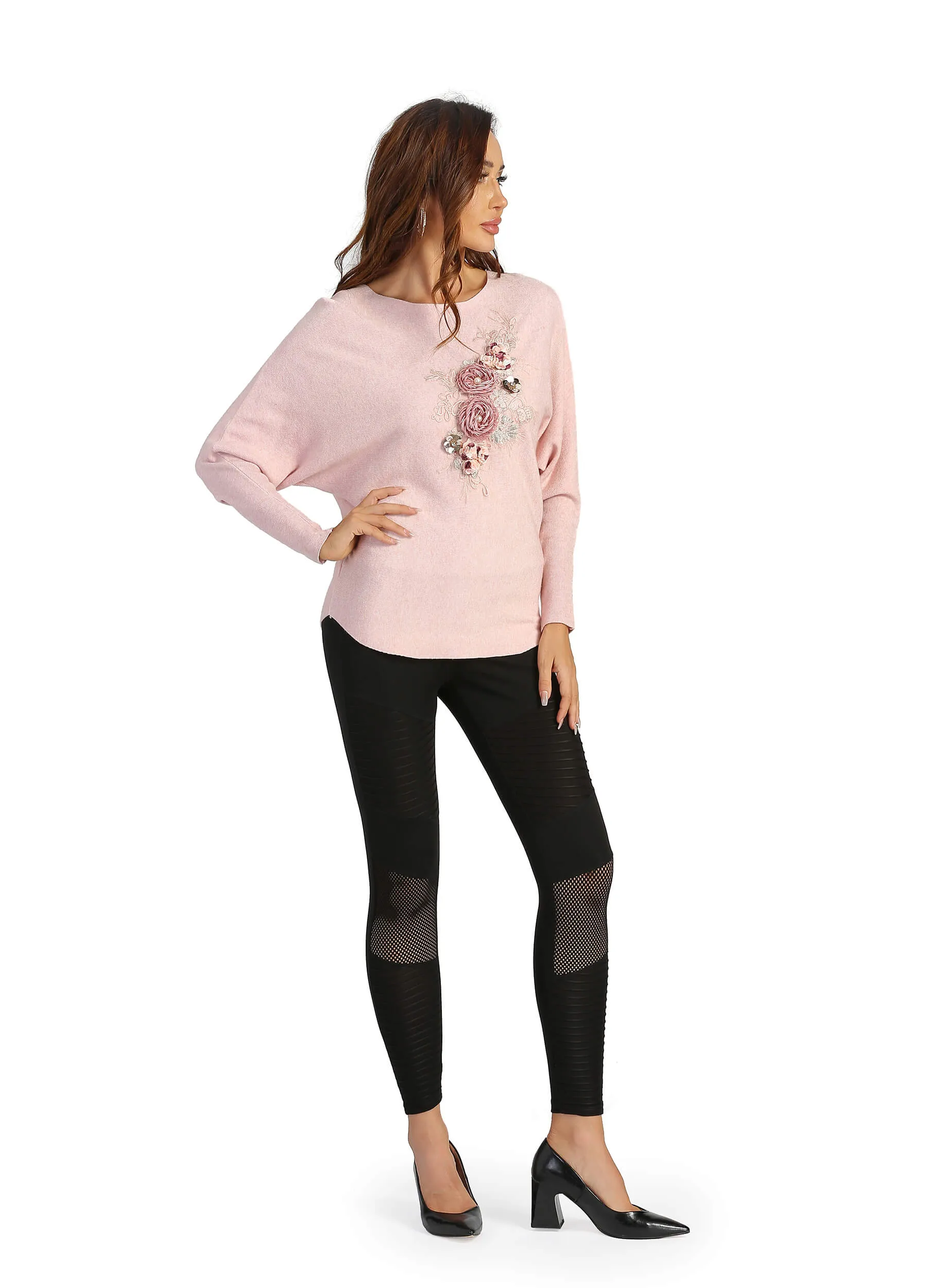 FINEPEEK Women's Fall/Winter 3D Floral Adorn Round Neck Pullover Sweater (Clearance)