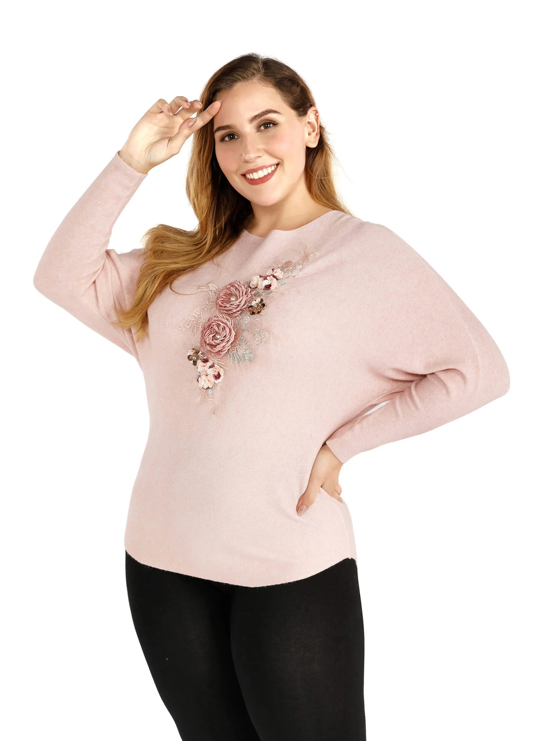 FINEPEEK Women's Fall/Winter 3D Floral Adorn Round Neck Pullover Sweater (Clearance)