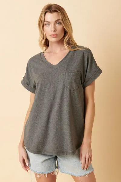 Full Size V-Neck Rolled Short Sleeve T-Shirt