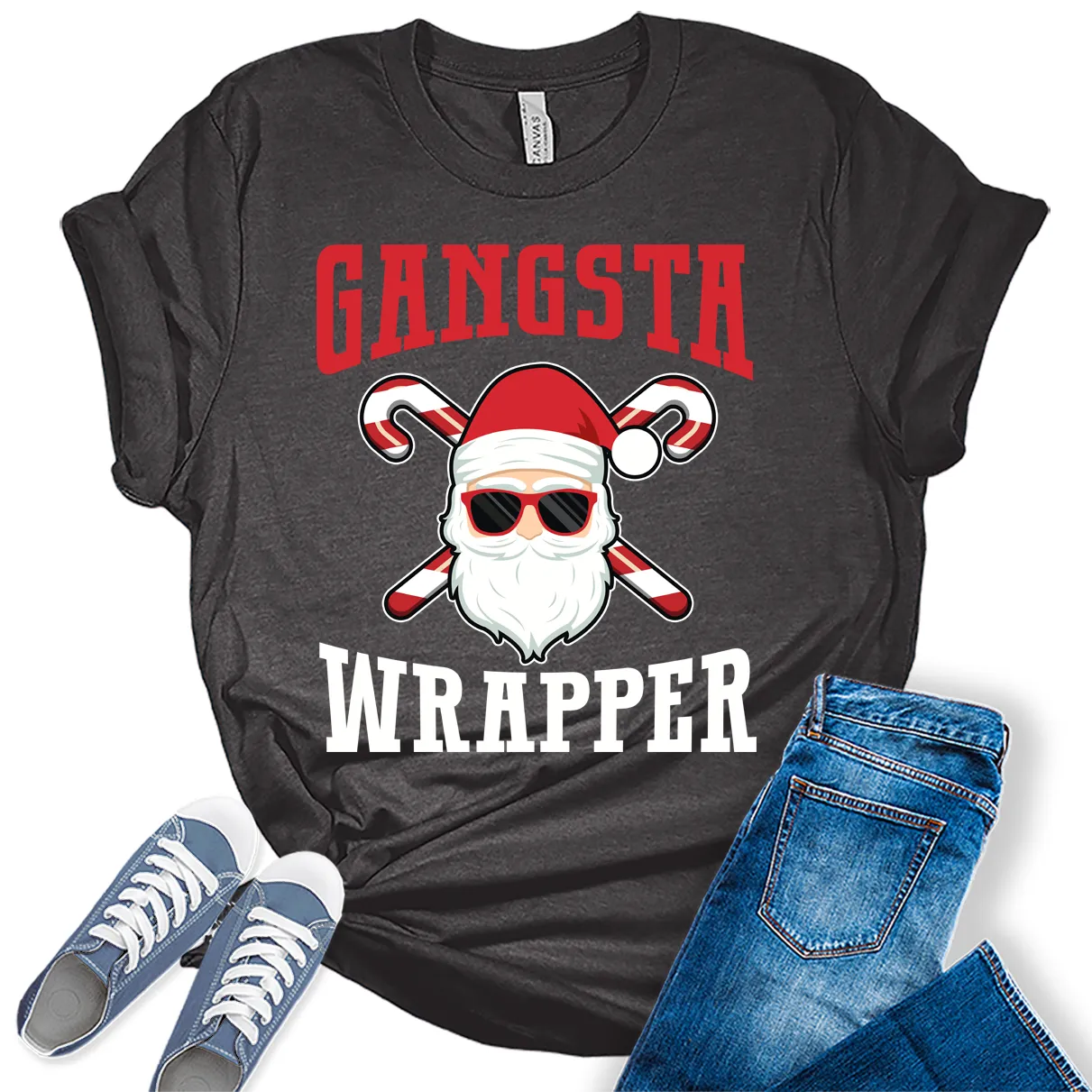 Gangsta Wrapper Santa Clause Christmas Shirts for Women Holiday Graphic Tees