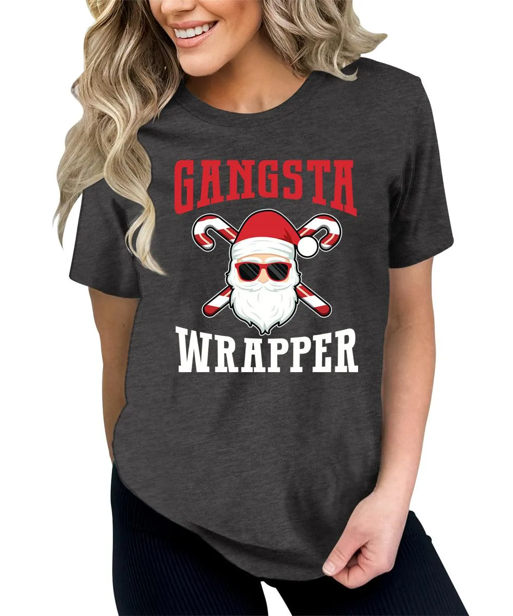 Gangsta Wrapper Santa Clause Christmas Shirts for Women Holiday Graphic Tees