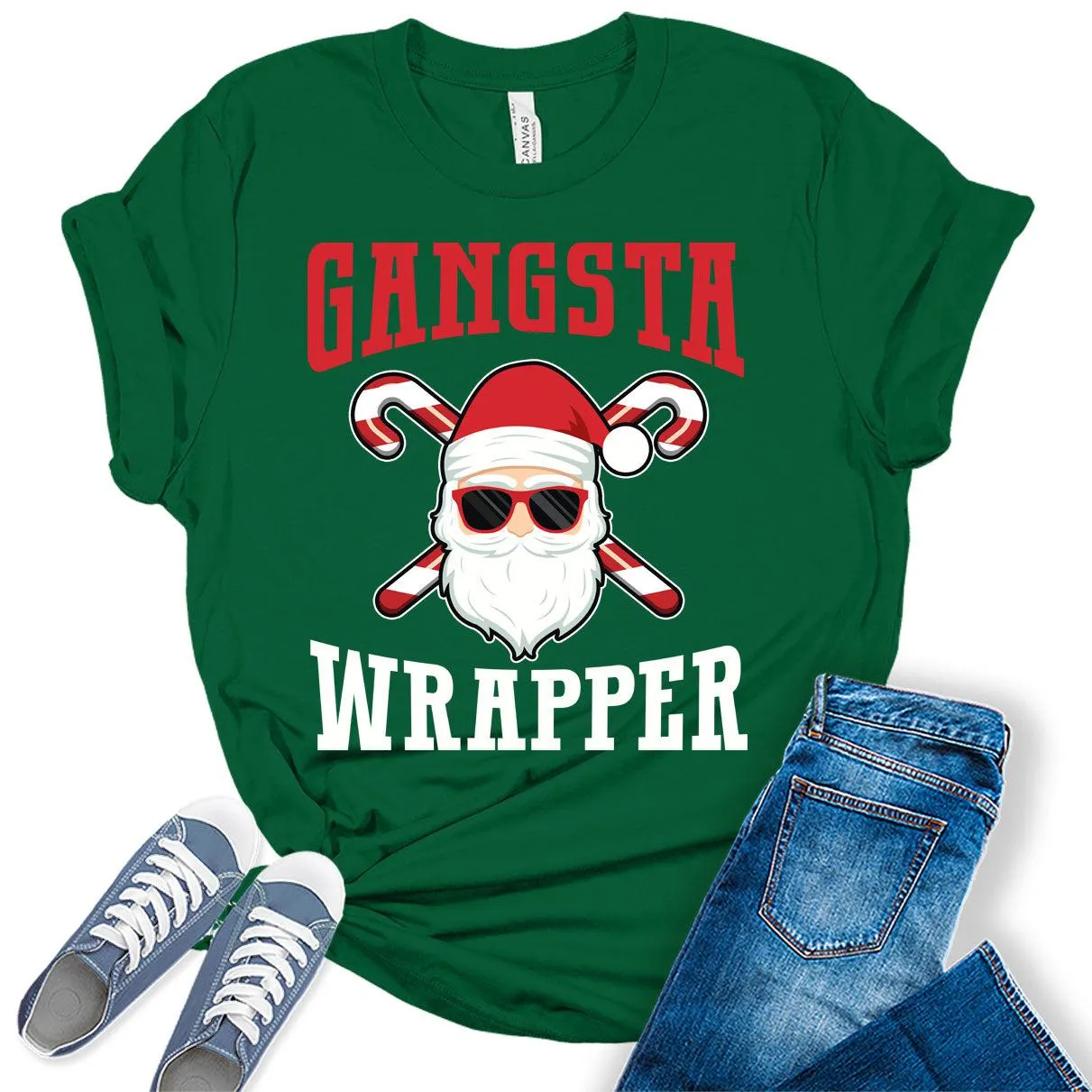 Gangsta Wrapper Santa Clause Christmas Shirts for Women Holiday Graphic Tees