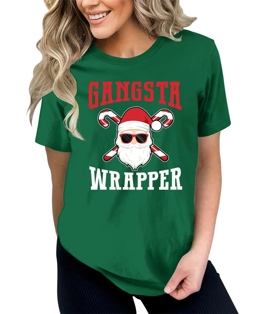 Gangsta Wrapper Santa Clause Christmas Shirts for Women Holiday Graphic Tees