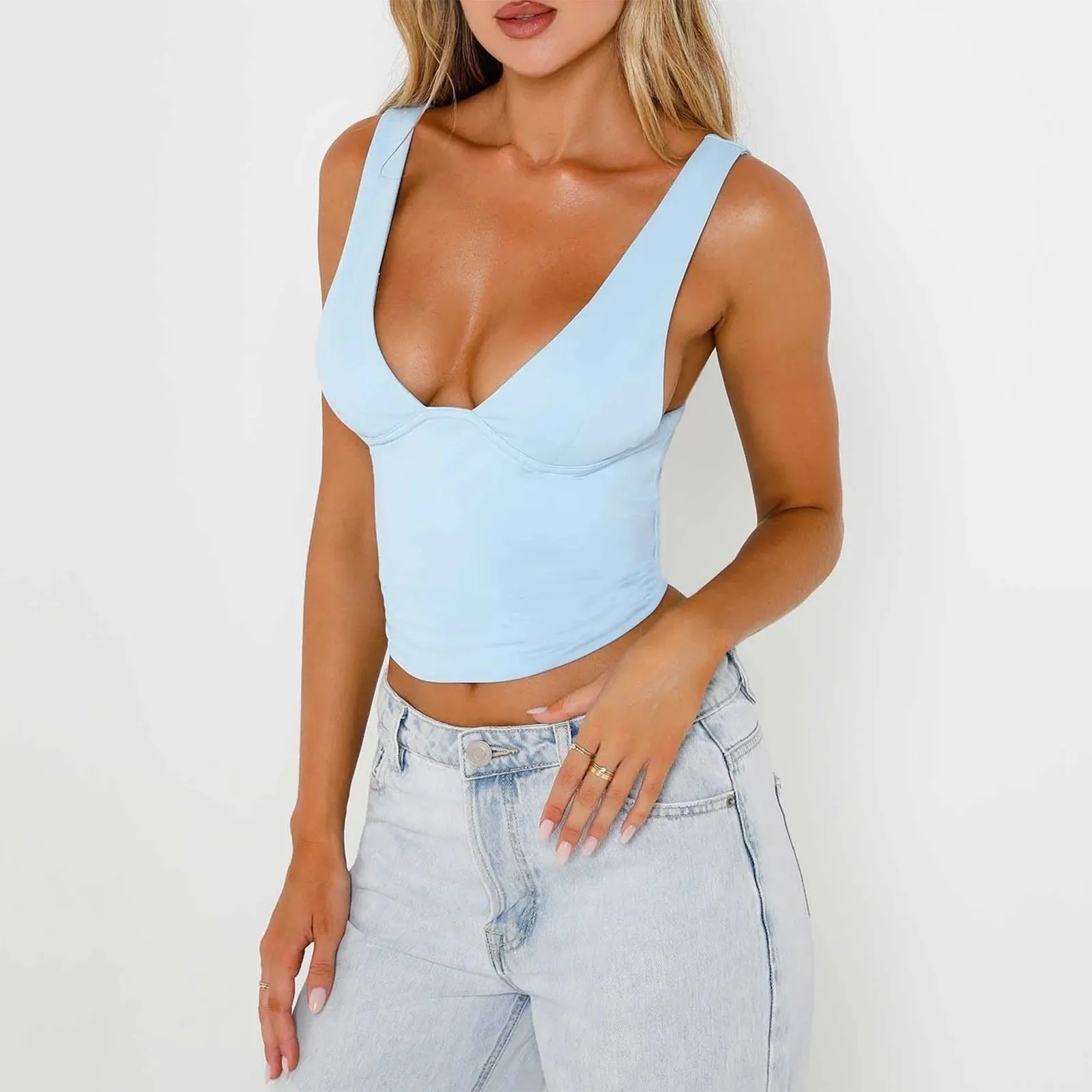 Girlary Women's Y2K Solid Color Cropped Tank Tops Casual Summer Deep V-Neck Ruched Sleeveless Basic Vest for Club Streetwear