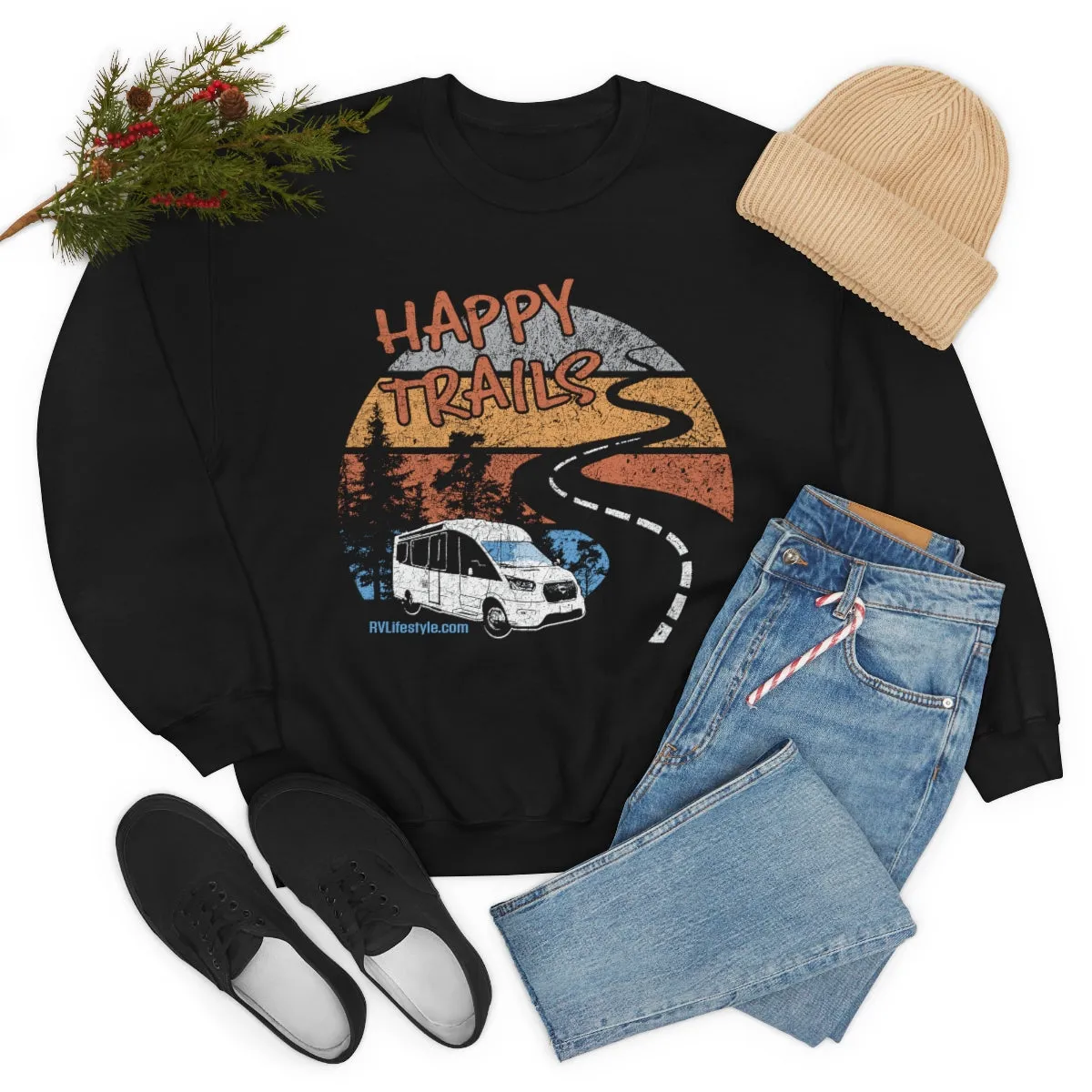 Happy Trails Unisex Heavy Blend™ Crewneck Sweatshirt - Black, Forest Green, Dark Heather, Navy