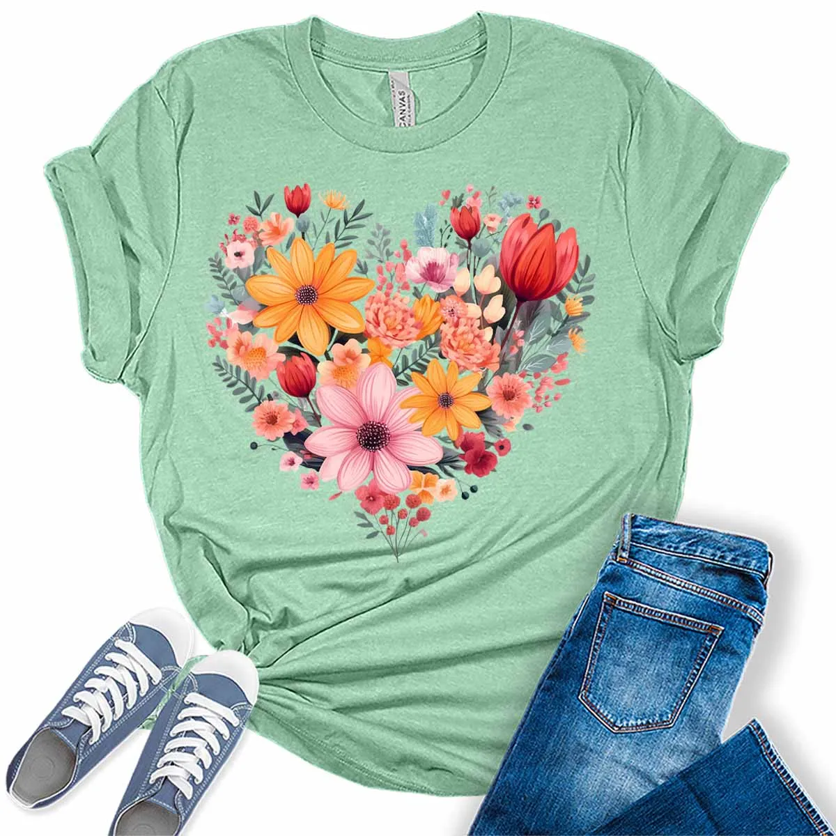 Heart Shirt Cute Floral Spring Summer Graphic Tees for Women Plus Size Tops