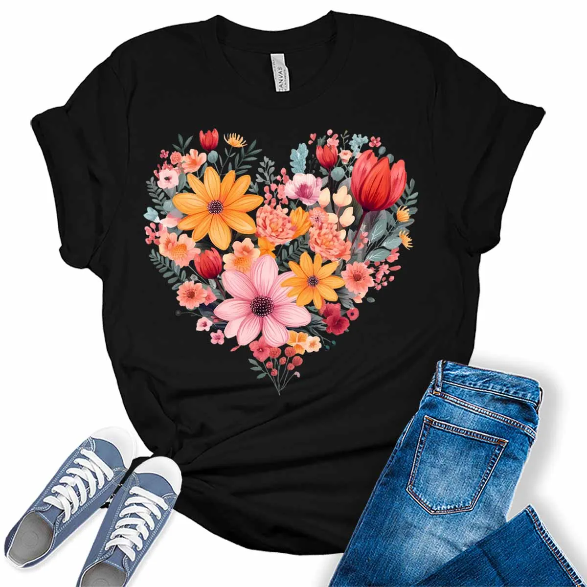 Heart Shirt Cute Floral Spring Summer Graphic Tees for Women Plus Size Tops