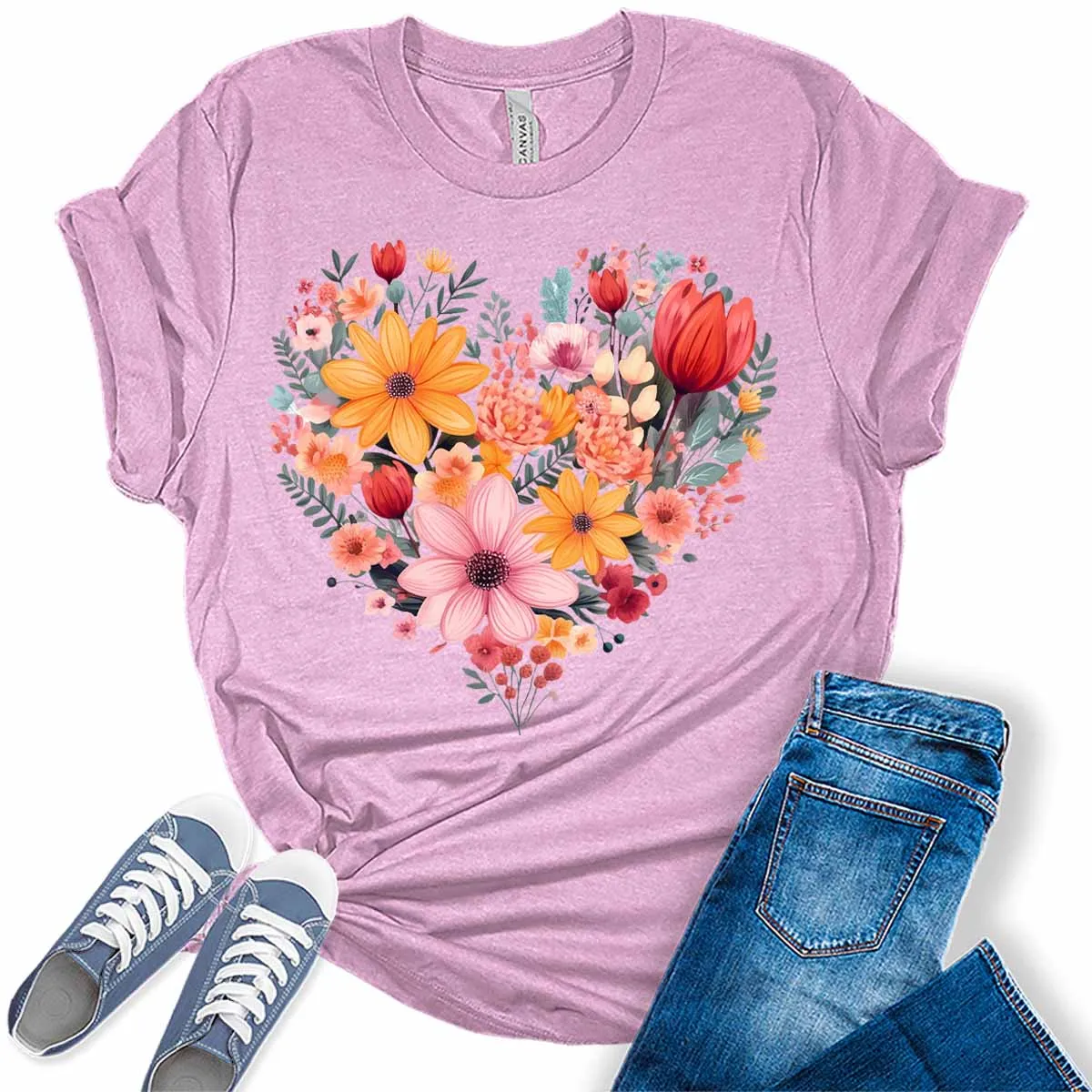 Heart Shirt Cute Floral Spring Summer Graphic Tees for Women Plus Size Tops