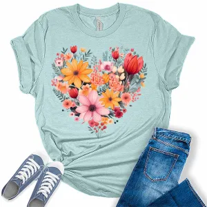 Heart Shirt Cute Floral Spring Summer Graphic Tees for Women Plus Size Tops