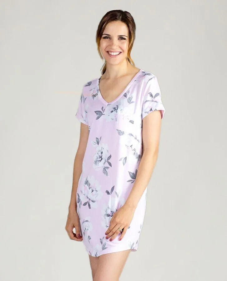 Lilac Painted Floral Print V-Neck Sleepshirt