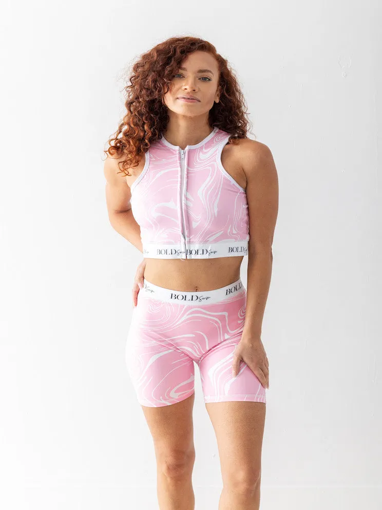 Marble Zip Sport Swim Top