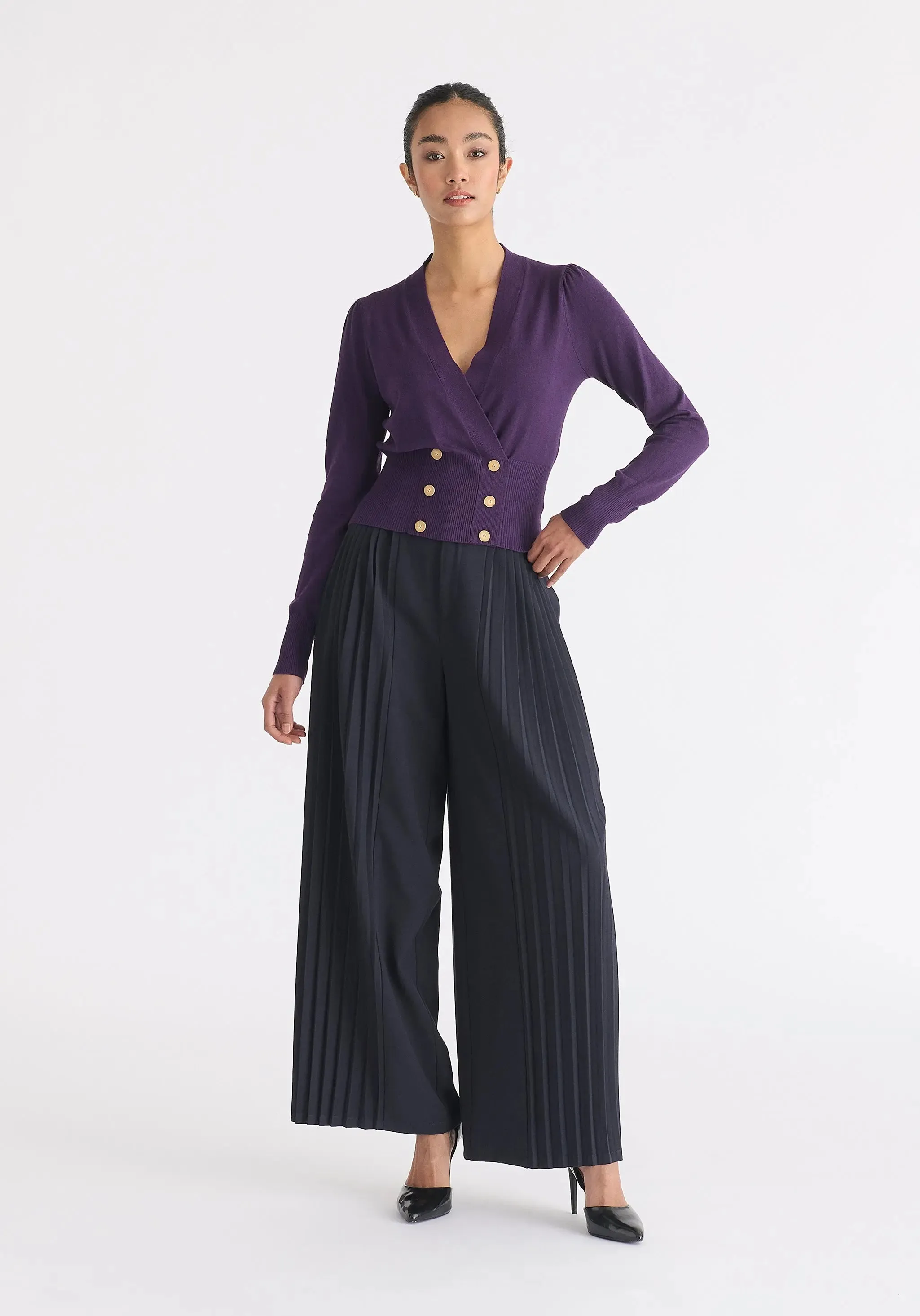 Midnight Plum Long Sleeve Knitted Button Wrap Top