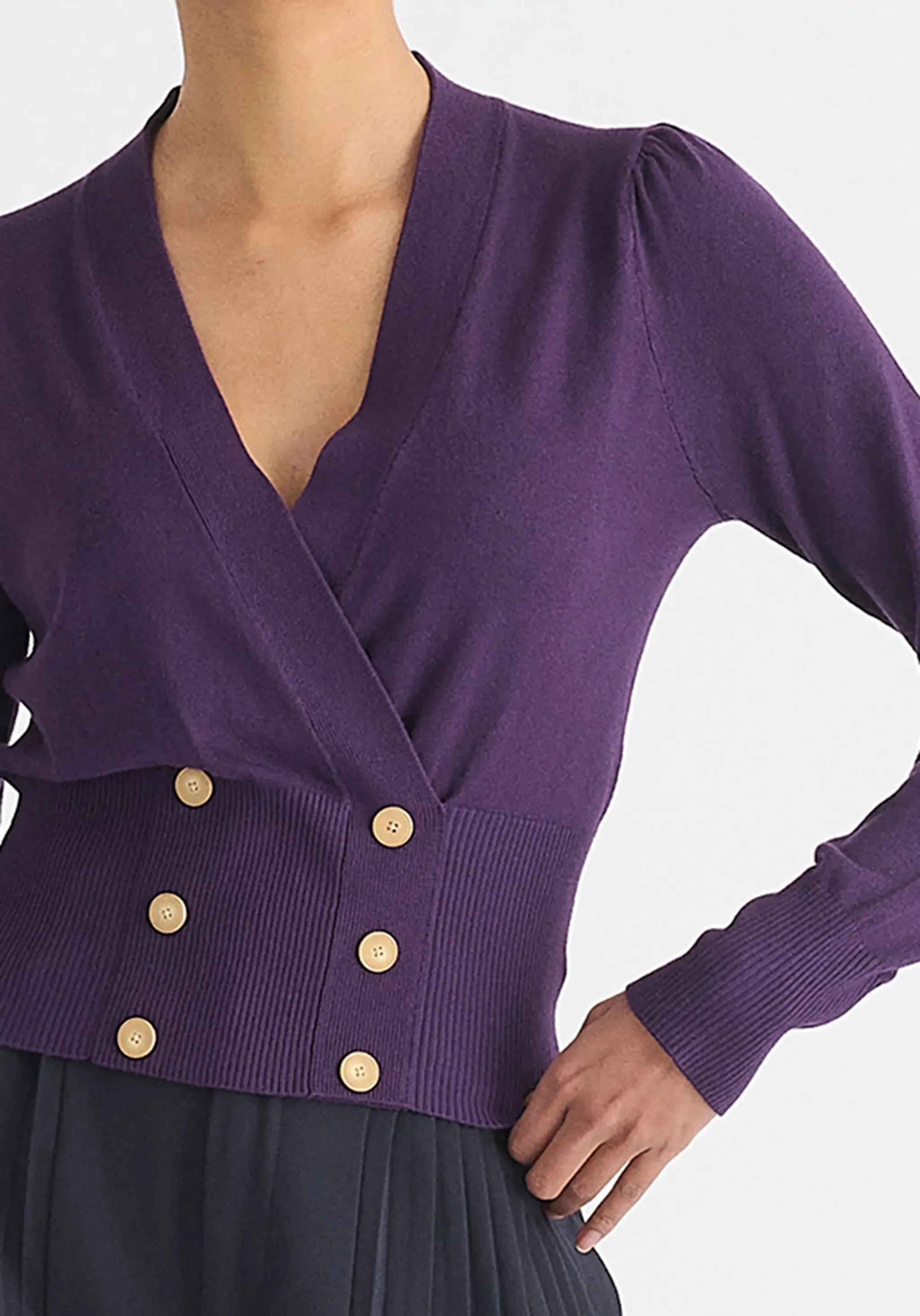 Midnight Plum Long Sleeve Knitted Button Wrap Top