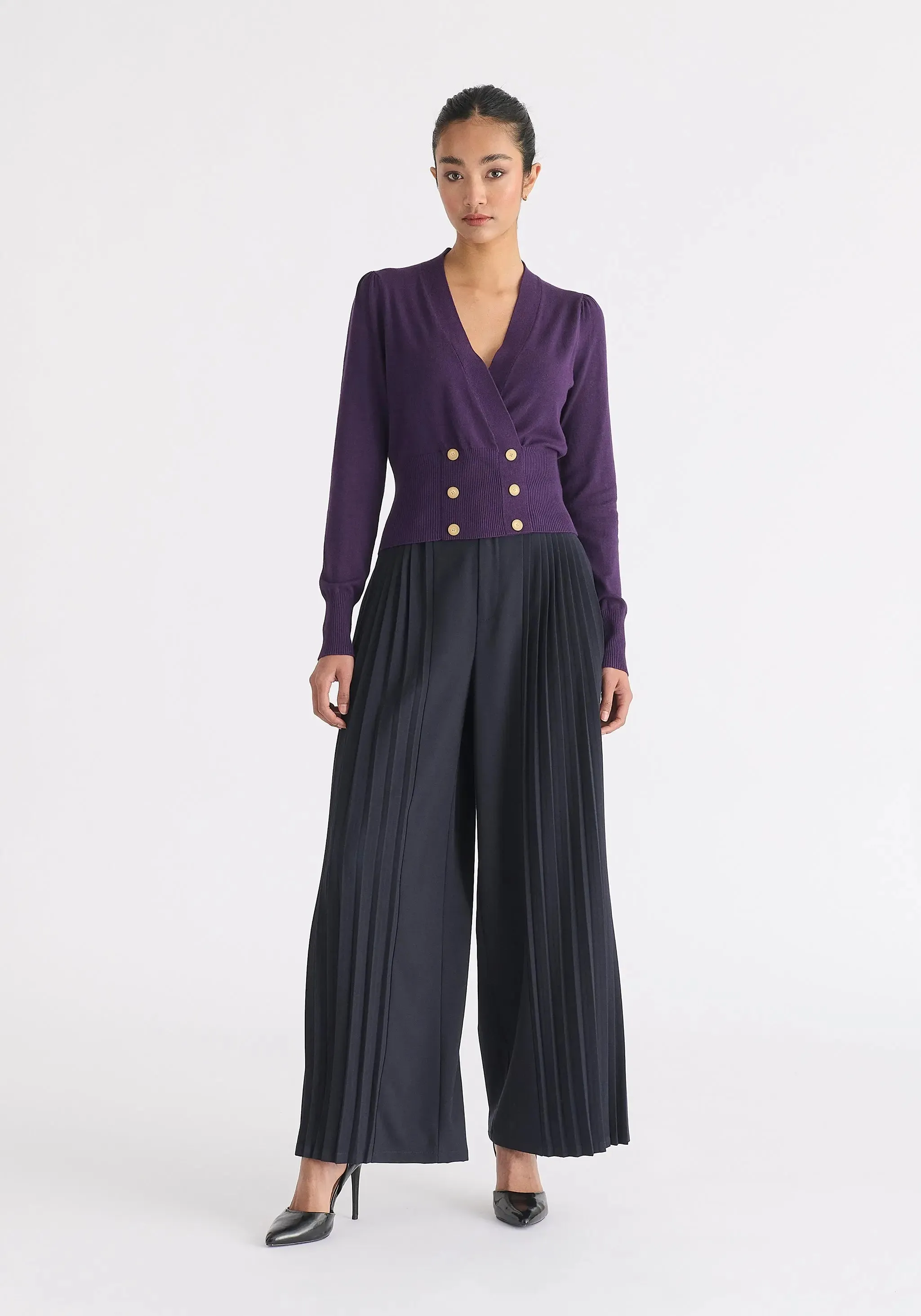 Midnight Plum Long Sleeve Knitted Button Wrap Top