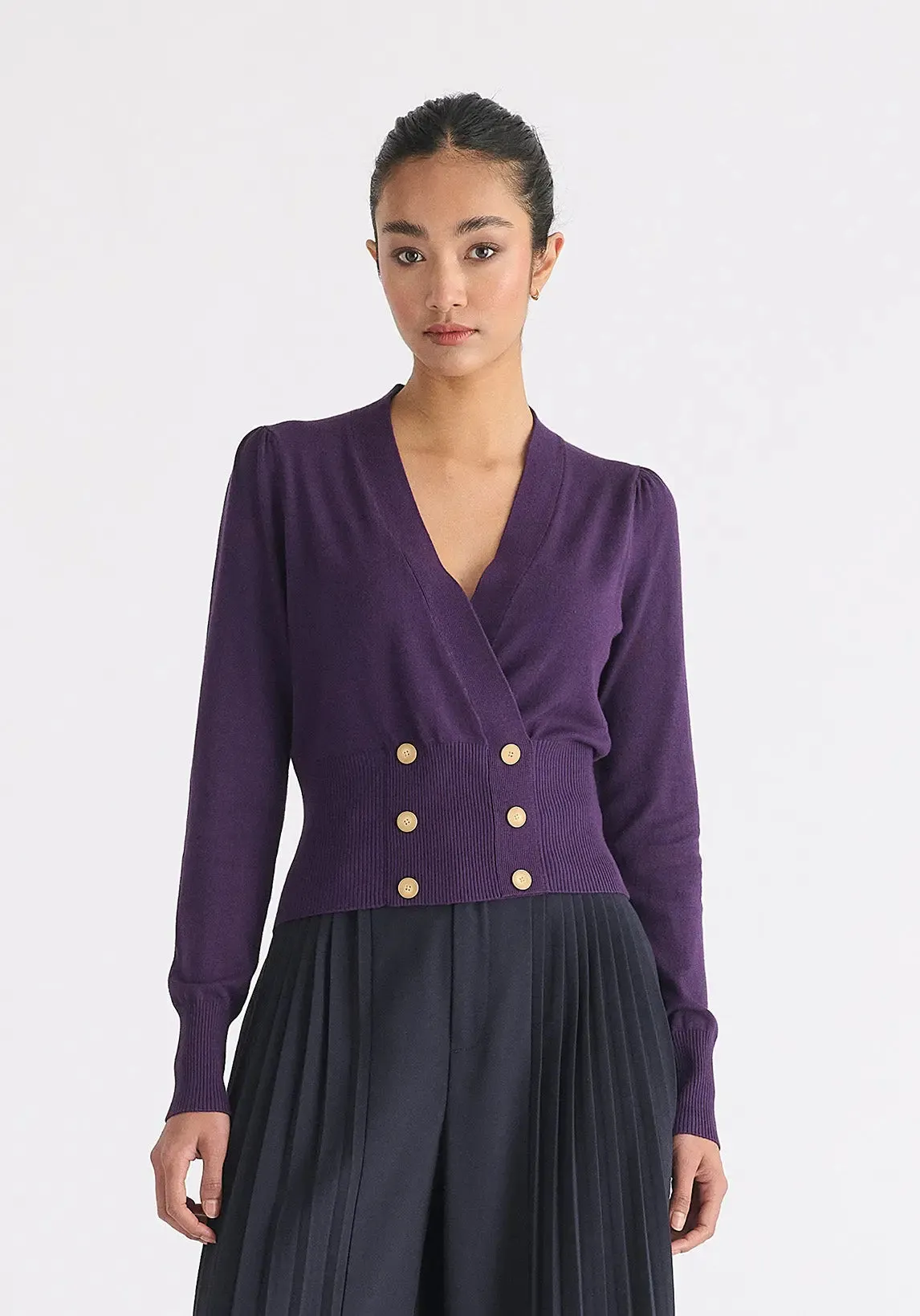 Midnight Plum Long Sleeve Knitted Button Wrap Top