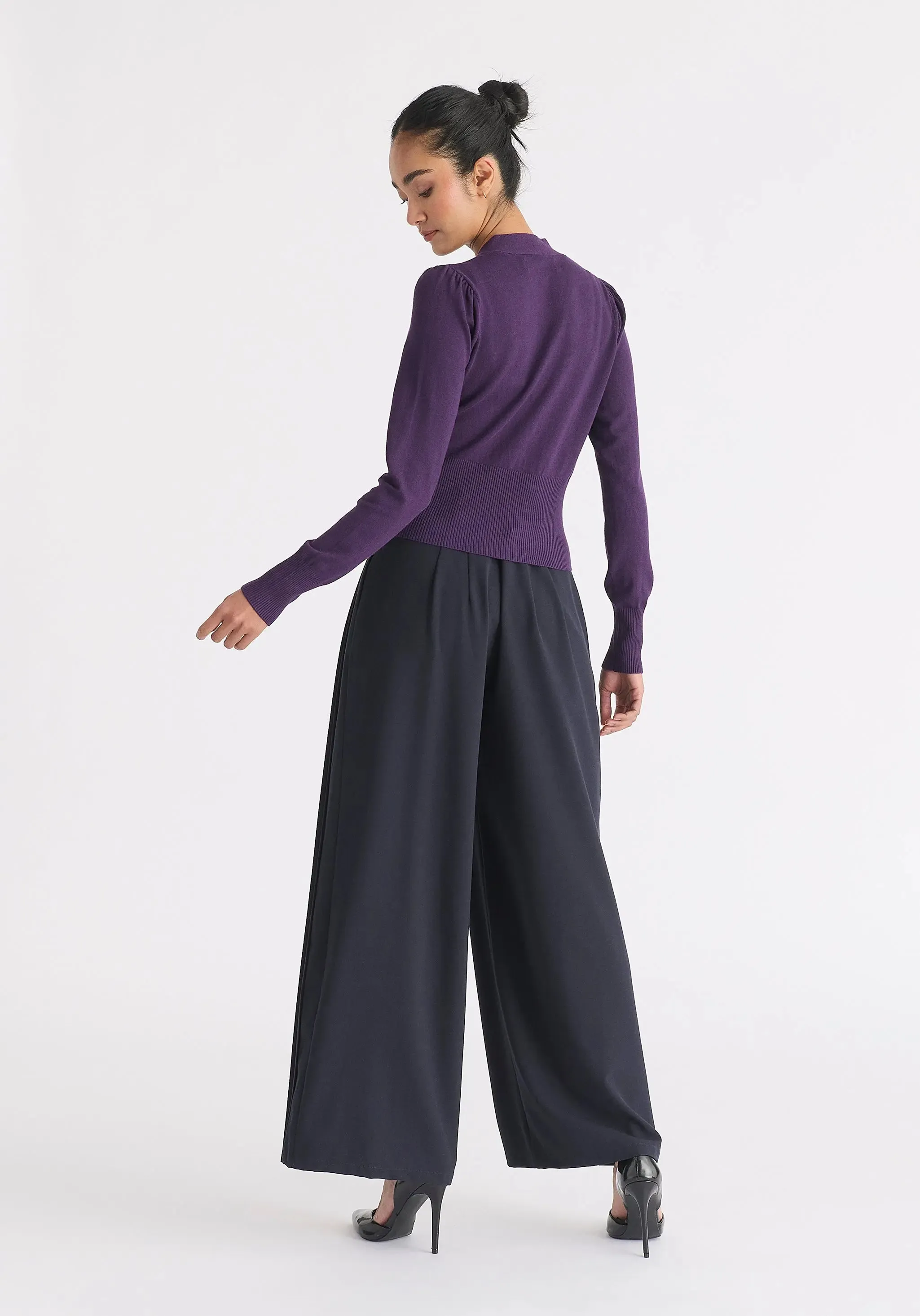 Midnight Plum Long Sleeve Knitted Button Wrap Top