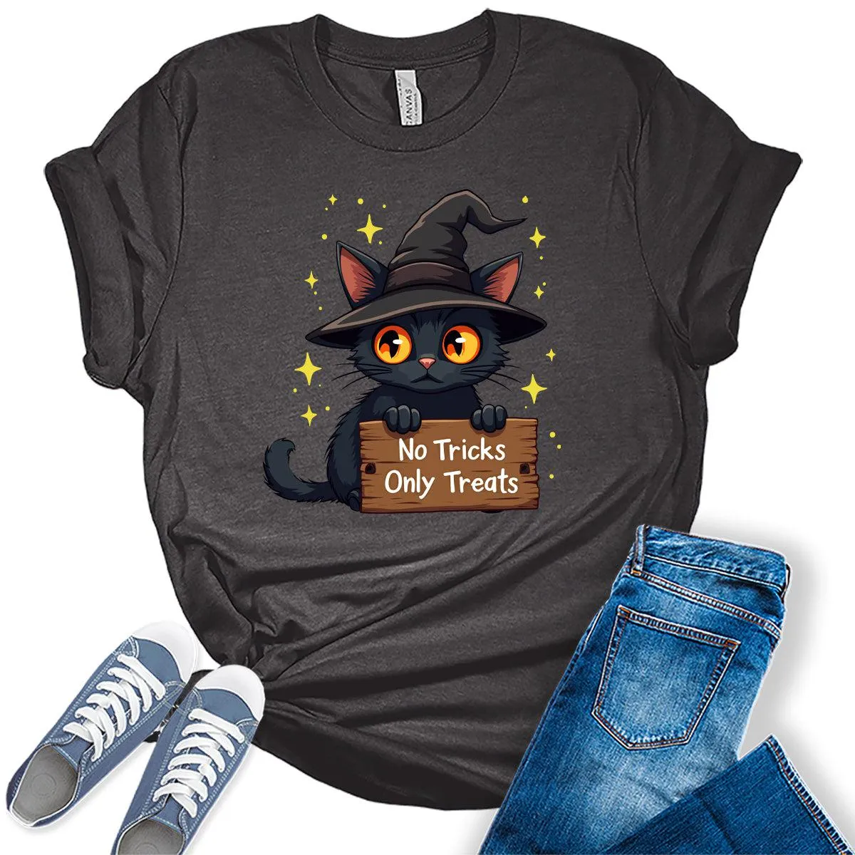 No Tricks Only Treats Halloween Cat Women's Graphic Tee