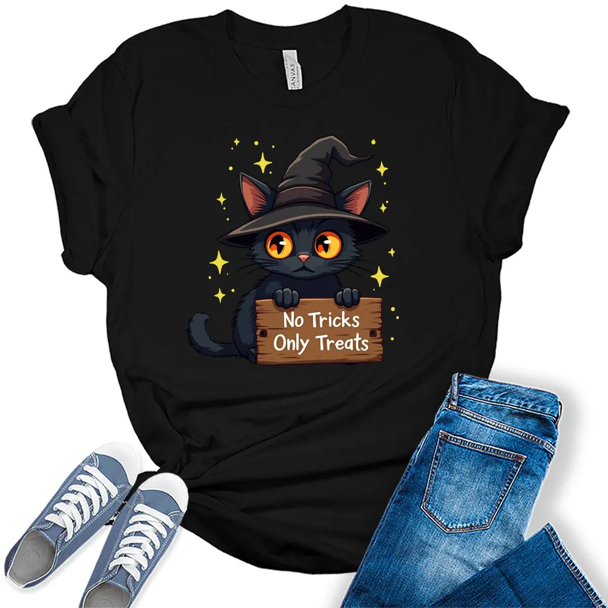 No Tricks Only Treats Halloween Cat Women's Graphic Tee