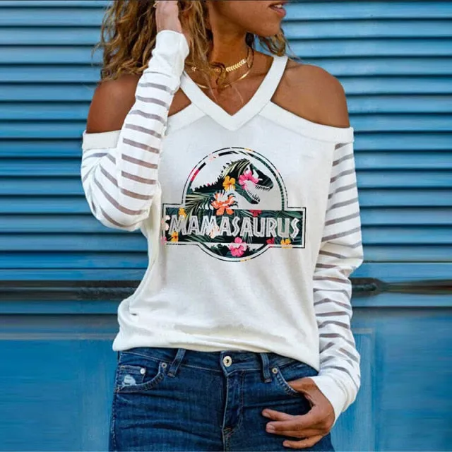 Off Shoulder V-Neck Print Long Sleeve Pullover