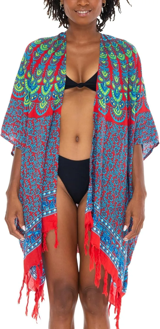 SHU-SHI Kimono Cardigans for Women - Short Beach Robe Boho Fringe Peacock Mandala