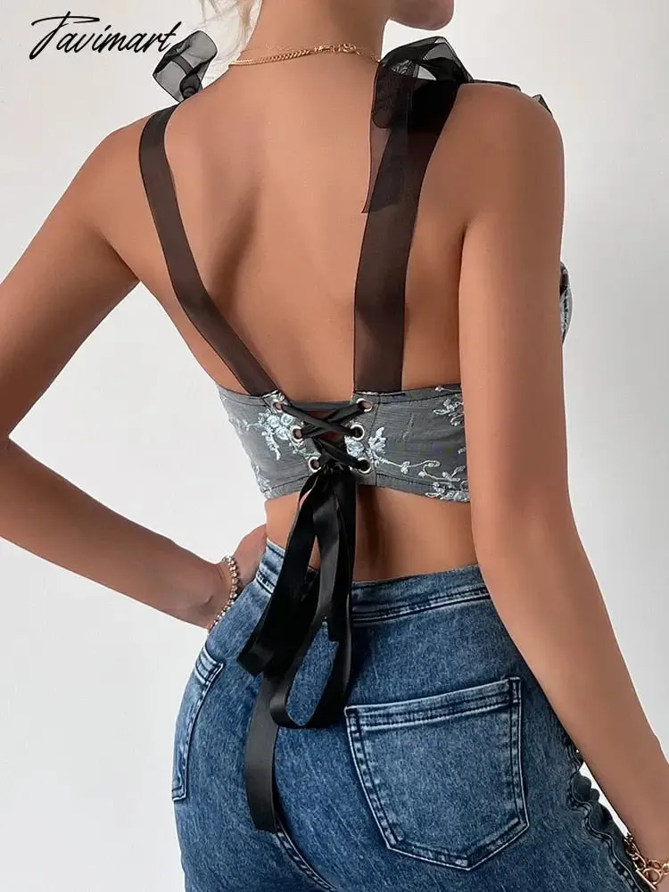 Tavimart Summer Women's Short Tops Vest Sexy Backless Suspenders Steel Ring Fishbone Women's Small Vest Elegant Y2K Tops Embroidered Vest